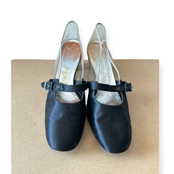 Vintage 60s Herbert Levine Mod Black Satin Clear‎ Vinyl Pumps, Size 7.5 AA - Picture 5 of 14